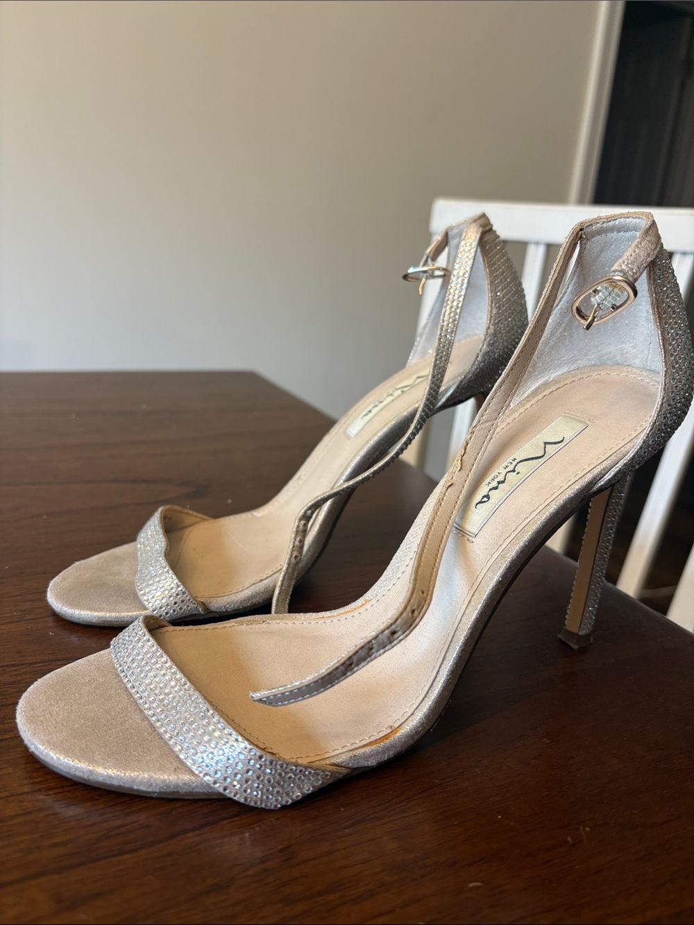 Nina Metallic Champagne Rhinestone Ankle-Strap Stiletto Heels